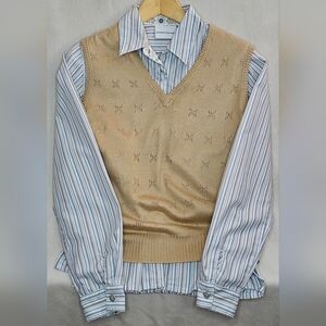 Vintage Tan V-Neck Sweater Vest + Striped Embroidered Button Down Set | Academia